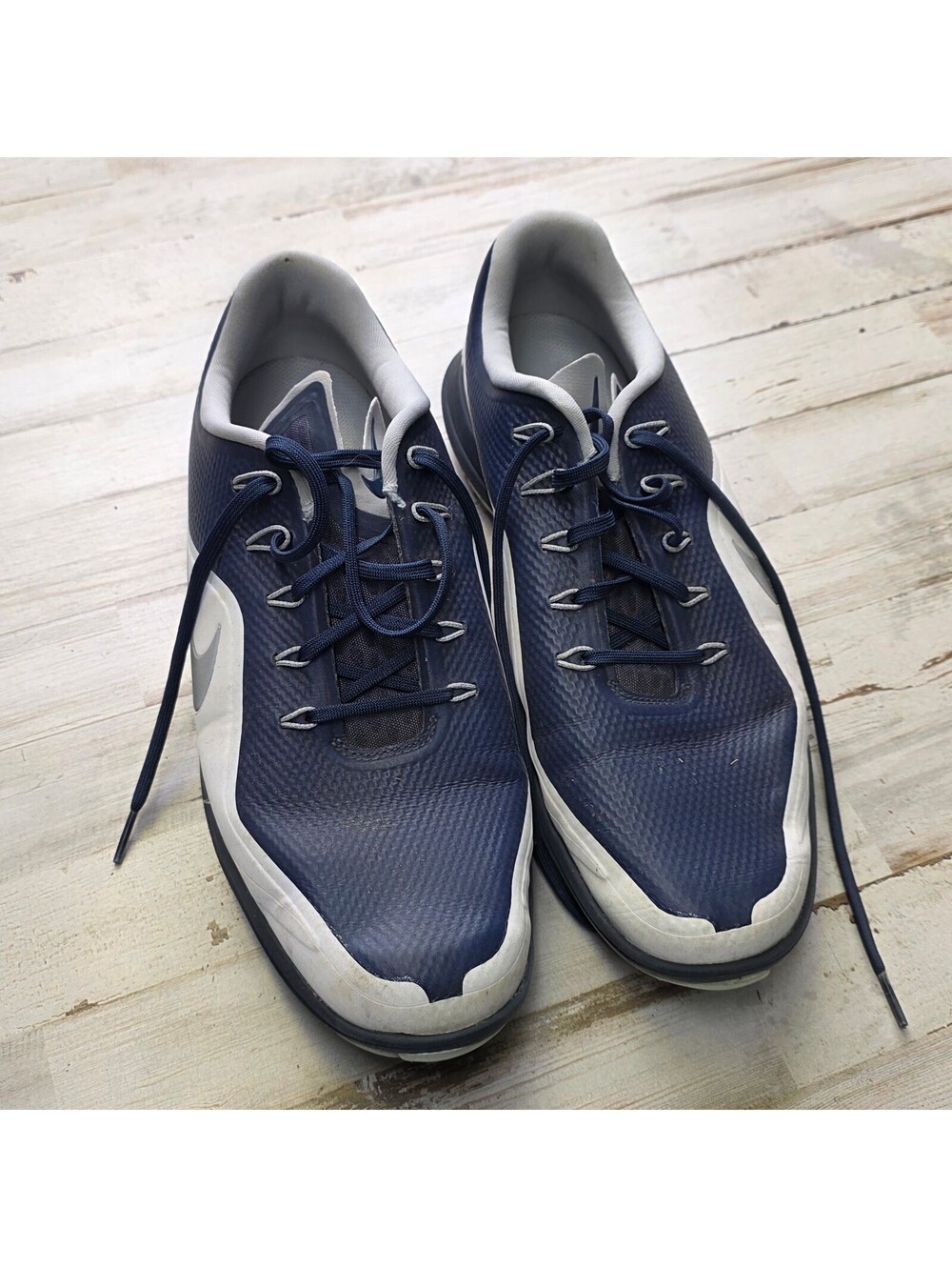 Nike Lunarlon Golf Shoes Men's 12 Navy Blue White Spiked Golfing Athletic Shoes